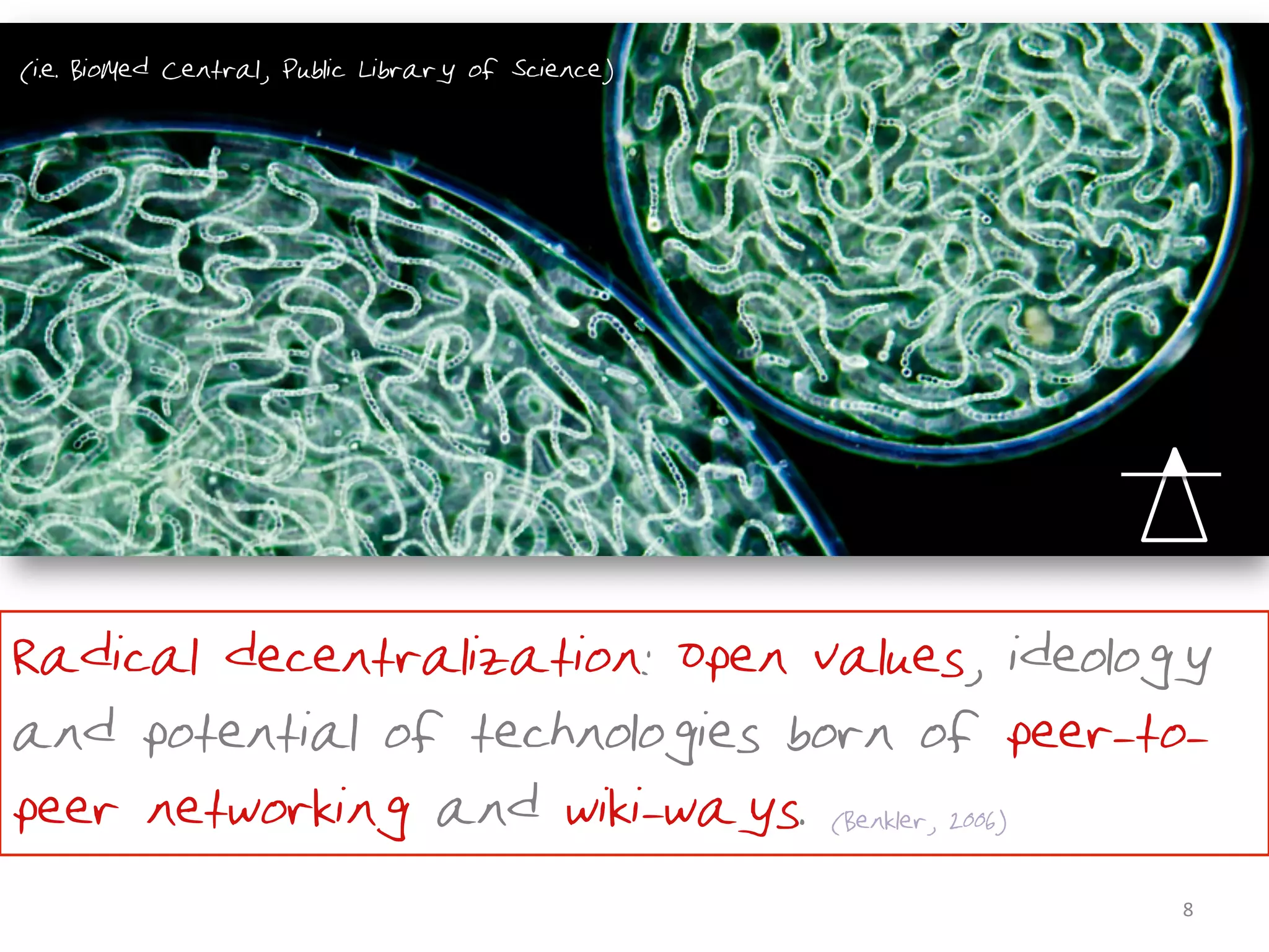 (i.e. BioMed Central, Public Library of Science)




•Radical decentralization: Open values, ideology
and potential of technologies born of peer-to-
peer networking and wiki-ways. (Benkler, 2006)
                                                   8	
  
 