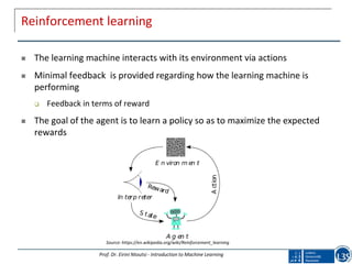 Reinforcement learning
 The learning machine interacts with its environment via actions
 Minimal feedback is provided regarding how the learning machine is
performing
 Feedback in terms of reward
 The goal of the agent is to learn a policy so as to maximize the expected
rewards
Prof. Dr. Eirini Ntoutsi - Introduction to Machine Learning
Source: https://en.wikipedia.org/wiki/Reinforcement_learning
 