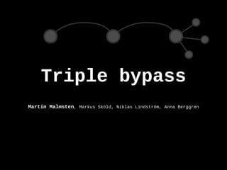 Triple bypass
Martin Malmsten, Markus Sköld, Niklas Lindström, Anna Berggren
Tuesday, June 4, 13
Hi, and thank you for having us. My name is Martin Malmsten and I am head of Software
Development at the Libris department, at the National Library of Sweden and I will be joined
by some of my collegues later on in the presentation.
Libris is the Swedish Union Catalogue in which university, and some public, libraries
traditionally catalogue their printed material. It is a centrally maintained catalogue which
means that we do have national identiﬁers and we do not spend all of our time doing
deduplication.
We are here to talk about the new catalogue and cataloguing client being built by Libris and
some of the motivations behind building it.
 
