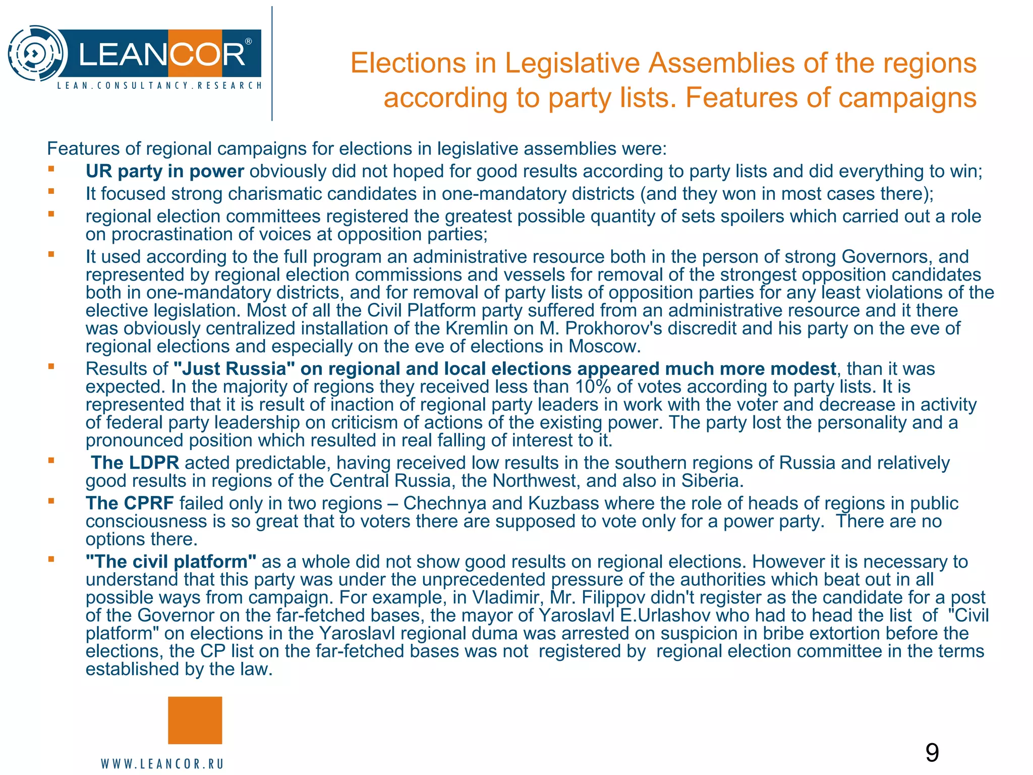 9
Elections in Legislative Assemblies of the regions
according to party lists. Features of campaigns
Features of regional campaigns for elections in legislative assemblies were:
 UR party in power obviously did not hoped for good results according to party lists and did everything to win;
 It focused strong charismatic candidates in one-mandatory districts (and they won in most cases there);
 regional election committees registered the greatest possible quantity of sets spoilers which carried out a role
on procrastination of voices at opposition parties;
 It used according to the full program an administrative resource both in the person of strong Governors, and
represented by regional election commissions and vessels for removal of the strongest opposition candidates
both in one-mandatory districts, and for removal of party lists of opposition parties for any least violations of the
elective legislation. Most of all the Civil Platform party suffered from an administrative resource and it there
was obviously centralized installation of the Kremlin on M. Prokhorov's discredit and his party on the eve of
regional elections and especially on the eve of elections in Moscow.
 Results of "Just Russia" on regional and local elections appeared much more modest, than it was
expected. In the majority of regions they received less than 10% of votes according to party lists. It is
represented that it is result of inaction of regional party leaders in work with the voter and decrease in activity
of federal party leadership on criticism of actions of the existing power. The party lost the personality and a
pronounced position which resulted in real falling of interest to it.
 The LDPR acted predictable, having received low results in the southern regions of Russia and relatively
good results in regions of the Central Russia, the Northwest, and also in Siberia.
 The CPRF failed only in two regions – Chechnya and Kuzbass where the role of heads of regions in public
consciousness is so great that to voters there are supposed to vote only for a power party. There are no
options there.
 "The civil platform" as a whole did not show good results on regional elections. However it is necessary to
understand that this party was under the unprecedented pressure of the authorities which beat out in all
possible ways from campaign. For example, in Vladimir, Mr. Filippov didn't register as the candidate for a post
of the Governor on the far-fetched bases, the mayor of Yaroslavl E.Urlashov who had to head the list of "Civil
platform" on elections in the Yaroslavl regional duma was arrested on suspicion in bribe extortion before the
elections, the CP list on the far-fetched bases was not registered by regional election committee in the terms
established by the law.
 