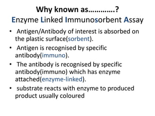 Why known as………….?
Enzyme Linked Immunosorbent Assay
• Antigen/Antibody of interest is absorbed on
the plastic surface(sorbent).
• Antigen is recognised by specific
antibody(immuno).
• The antibody is recognised by specific
antibody(immuno) which has enzyme
attached(enzyme-linked).
• substrate reacts with enzyme to produced
product usually coloured
 