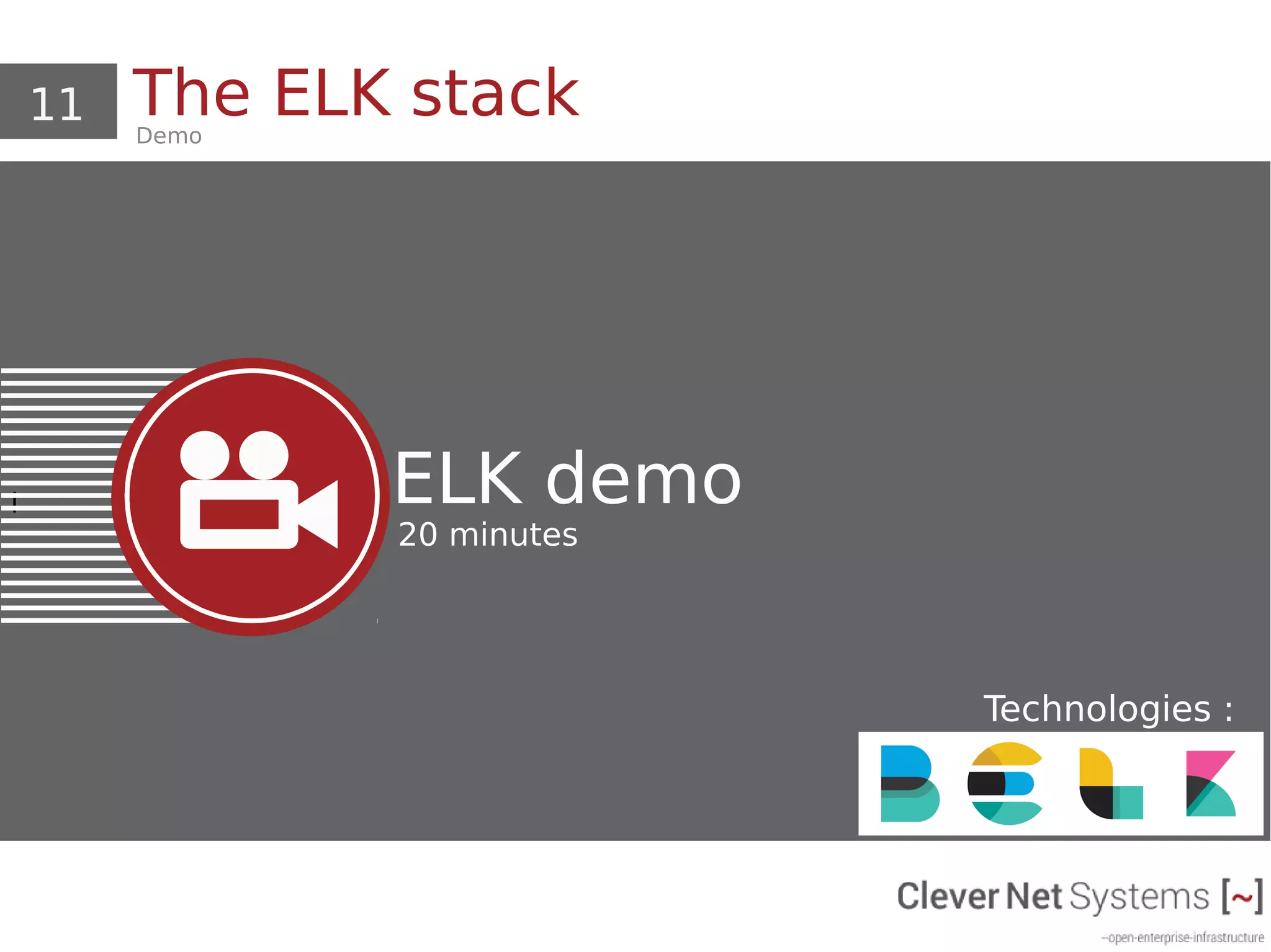 11 The ELK stackDemo
i ELK demo
20 minutes
Technologies :
 