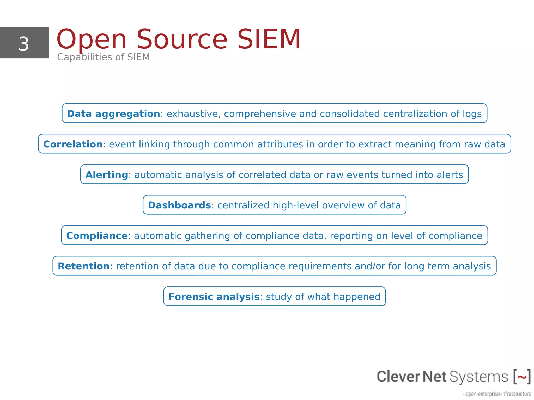 3 Open Source SIEMCapabilities of SIEM
Data aggregation: exhaustive, comprehensive and consolidated centralization of logs
Correlation: event linking through common attributes in order to extract meaning from raw data
Alerting: automatic analysis of correlated data or raw events turned into alerts
Dashboards: centralized high-level overview of data
Compliance: automatic gathering of compliance data, reporting on level of compliance
Retention: retention of data due to compliance requirements and/or for long term analysis
Forensic analysis: study of what happened
 