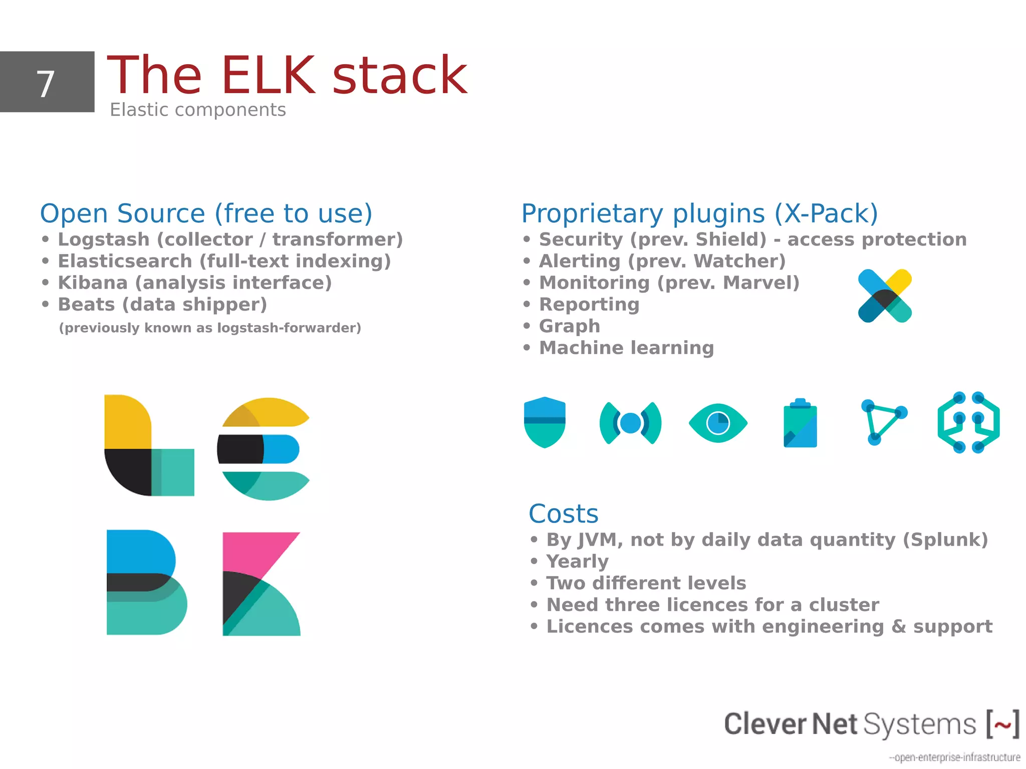 7 The ELK stackElastic components
Open Source (free to use)
• Logstash (collector / transformer)
• Elasticsearch (full-text indexing)
• Kibana (analysis interface)
• Beats (data shipper)
(previously known as logstash-forwarder)
Proprietary plugins (X-Pack)
• Security (prev. Shield) - access protection
• Alerting (prev. Watcher)
• Monitoring (prev. Marvel)
• Reporting
• Graph
• Machine learning
Costs
• By JVM, not by daily data quantity (Splunk)
• Yearly
• Two different levels
• Need three licences for a cluster
• Licences comes with engineering & support
 