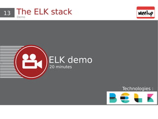 13 The ELK stackDemo
i ELK demo
20 minutes
Technologies :
 