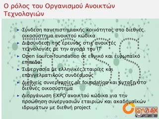 .
.
.
.
.
.
.
.
.
.
.
.
.
.
.
.
.
.
.
.
.
.
.
.
.
.
.
.
.
.
.
.
.
.
.
.
.
.
.
.
Ο ρόλος του Οργανισμού Ανοικτών
Τεχνολογιών
▶ Σύνδεση πανεπιστημιακής κοινότητας στο διεθνές
οικοσύστημα ανοικτού κώδικα
▶ Διασύνδεση της έρευνας στις ανοικτές
τεχνολογίες με την αγορά του IT
▶ Open source foundation σε εθνικό και ευρωπαϊκό
επίπεδο
▶ Συνεργασία με ελληνικές εταιρίες και
επαγγελματικούς συνδέσμους
▶ Διεθνείς συνεργασίες με foundation και ένταξη στο
διεθνές οικοσύστημα
▶ Διοργάνωση EXPO ανοικτού κώδικα για την
προώθηση συνεργασιών εταιριών και ακαδημαϊκών
ιδρυμάτων με διεθνή project
 