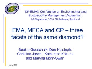 Copyright ESS
EMA, MFCA and CP – three
facets of the same diamond?
Seakle Godschalk, Don Huisingh,
Christine Jasch, Katsuhiko Kokubu
and Maryna Möhr-Swart
13th
EMAN Conference on Environmental and
Sustainability Management Accounting
1-3 September 2010, St Andrews, Scotland
 