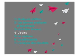 1- Quelques chiffres
2- Les bonnes pratiques
et les erreurs
3- Le fichier d’envoi
4- L’objet
5- Le contenu
6- La délivrabilité
7- L’analyse des résultats

 