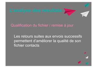 L’analyse des résultats
Qualification du fichier / remise à jour
Les retours suites aux envois successifs
permettent d’améliorer la qualité de son
fichier contacts

 