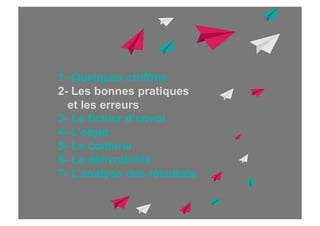 1- Quelques chiffres
2- Les bonnes pratiques
et les erreurs
3- Le fichier d’envoi
4- L’objet
5- Le contenu
6- La délivrabilité
7- L’analyse des résultats

 