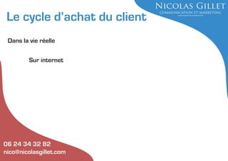 Le cycle d’achat du client
Dans la vie réelle
Sur internet

06 24 34 32 82
nico@nicolasgillet.com

 