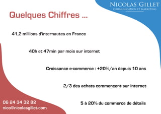 Quelques Chiffres ...
41,2 millions d’internautes en France

40h et 47min par mois sur internet

Croissance e-commerce : +20%/an depuis 10 ans

2/3 des achats commencent sur internet
06 24 34 32 82
nico@nicolasgillet.com

5 à 20% du commerce de détails

 