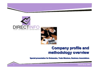 ©2015 Direct INFO1
Company profile andCompany profile andCompany profile and
methodology overviewmethodology overviewmethodology overview
Special presentation for Embassies, Trade Missions, Business AssSpecial presentation for Embassies, Trade Missions, Business AssSpecial presentation for Embassies, Trade Missions, Business Associationsociationsociations
 