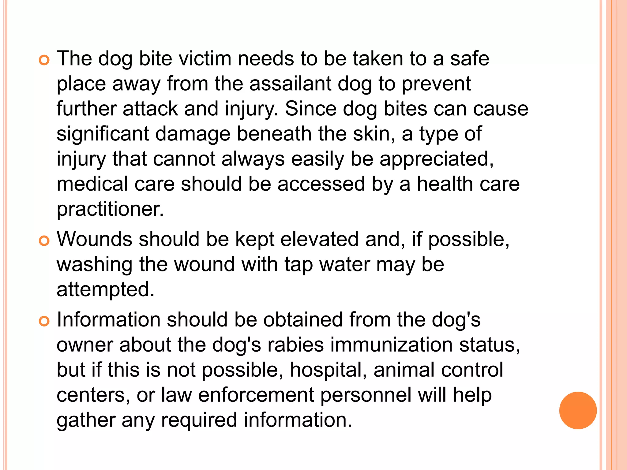  The dog bite victim needs to be taken to a safe
place away from the assailant dog to prevent
further attack and injury. Since dog bites can cause
significant damage beneath the skin, a type of
injury that cannot always easily be appreciated,
medical care should be accessed by a health care
practitioner.
 Wounds should be kept elevated and, if possible,
washing the wound with tap water may be
attempted.
 Information should be obtained from the dog's
owner about the dog's rabies immunization status,
but if this is not possible, hospital, animal control
centers, or law enforcement personnel will help
gather any required information.
 