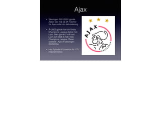 Ajax
•

Säsongen 2001/2002 gjorde
Zlatan sex mål på 24 matcher
för Ajax under sin debutsäsong.

•

År 2002 gjorde han sin första
Champions League-debut mot
Lyon. Han gjorde 2 mål mot
Lyon och totalt 5 mål i hela
Champions League. Zlatan
spelade i Ajax till säsongen
2003/2004.

•

Han ﬂyttade till Juventus för 175
miljoner kronor.

 