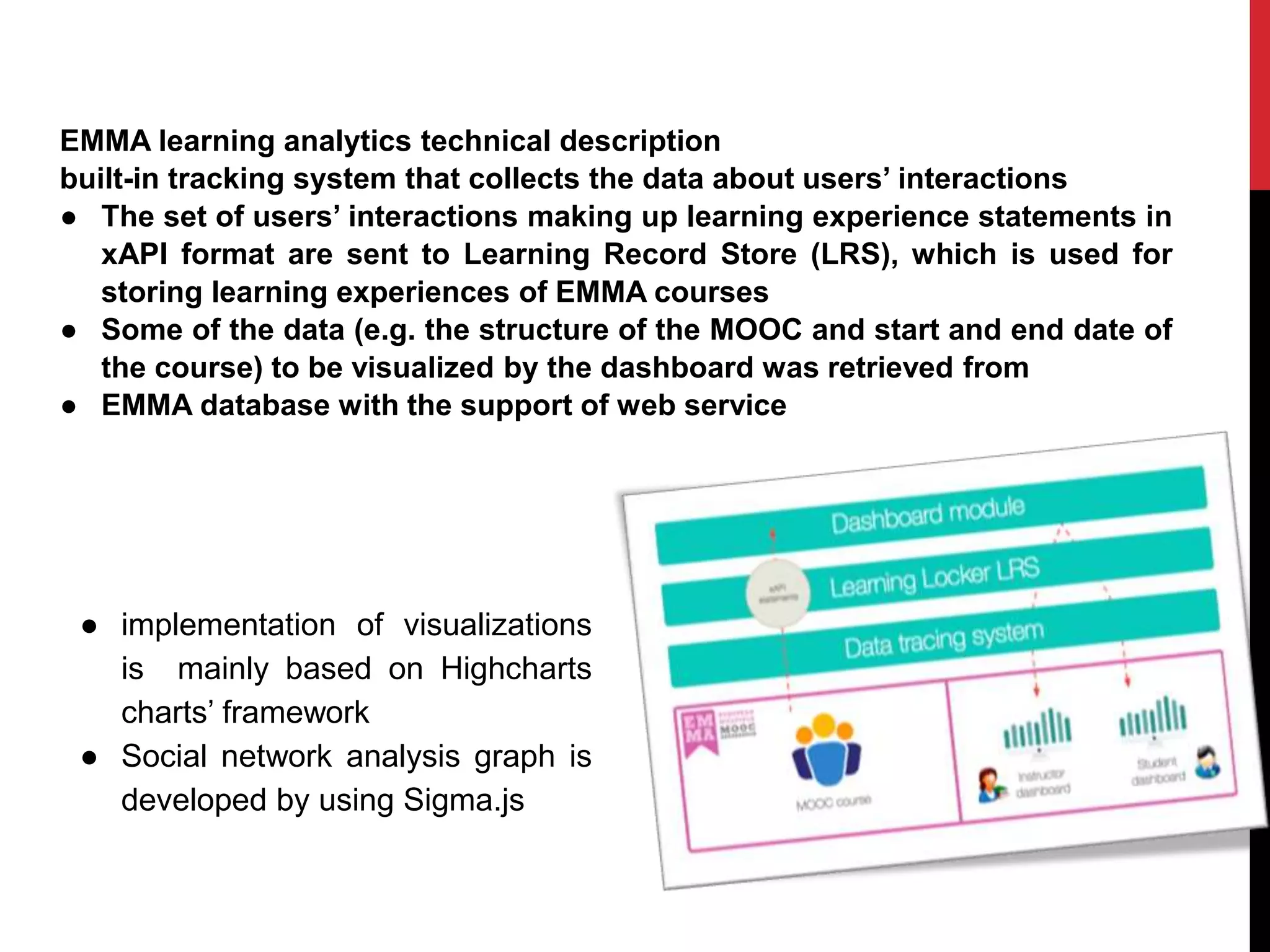 EMMA learning analytics technical description
built-in tracking system that collects the data about users’ interactions
● The set of users’ interactions making up learning experience statements in
xAPI format are sent to Learning Record Store (LRS), which is used for
storing learning experiences of EMMA courses
● Some of the data (e.g. the structure of the MOOC and start and end date of
the course) to be visualized by the dashboard was retrieved from
● EMMA database with the support of web service
● implementation of visualizations
is mainly based on Highcharts
charts’ framework
● Social network analysis graph is
developed by using Sigma.js
 