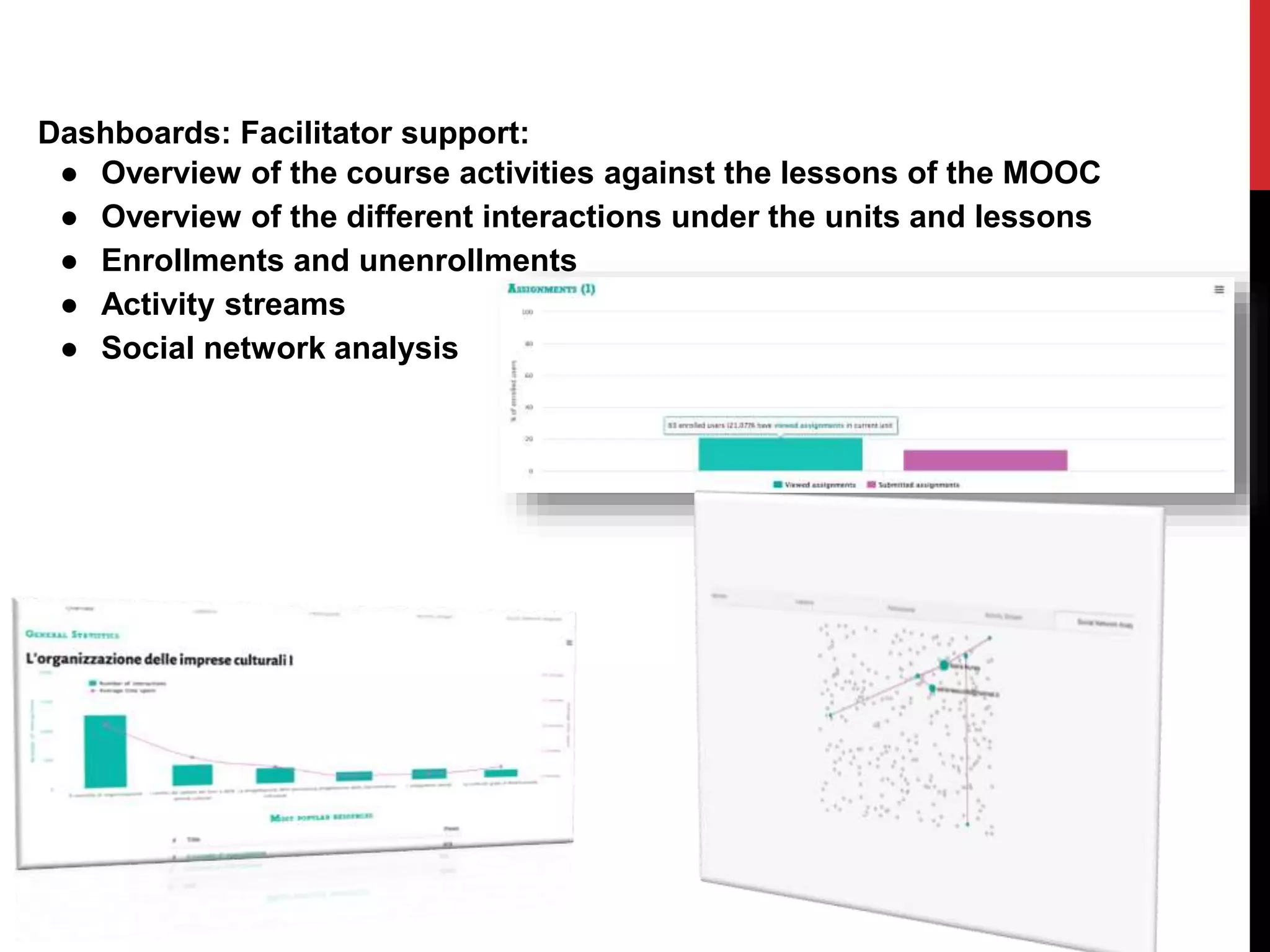 Dashboards: Facilitator support:
● Overview of the course activities against the lessons of the MOOC
● Overview of the different interactions under the units and lessons
● Enrollments and unenrollments
● Activity streams
● Social network analysis
 