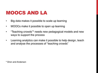 MOOCS AND LA
• Big data makes it possible to scale up learning
• MOOCs make it possible to open up learning
• “Teaching crowds”* needs new pedagogical models and new
ways to support the process
• Learning analytics can make it possible to help design, teach
and analyse the processes of “teaching crowds”
* Dron and Anderson
 