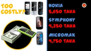 Too
Costly?

Nokia
5,650 taka

Symphony
4,350 taka
Micromax
4,750 taka

 