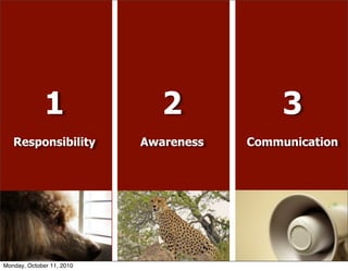 1               2             3
   Responsibility          Awareness   Communication




Monday, October 11, 2010
 