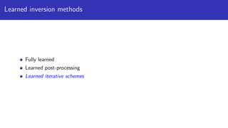 Learned inversion methods
Fully learned
Learned post-processing
Learned iterative schemes
 