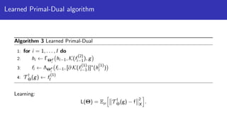 Learned Primal-Dual algorithm
Algorithm 3 Learned Primal-Dual
1: for i = 1, . . . , I do
2: hi ← ΓΘd
i
hi−1, K(f
(2)
i−1), g
3: fi ← ΛΘp
i
fi−1, [∂ K(f
(1)
i−1)]∗
(h
(1)
i )
4: T †
Θ(g) ← f
(1)
I
Learning:
L(Θ) = Eµ T †
Θ(g) − f
2
X
.
 