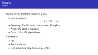 Results
ellipses
Results for ray transform inversion in 2D.
Inverse problem:
g = P(f ) + δg
Geometry: Parallel beam, sparse view (30 angles)
Noise: 5% additive Gaussian
Data: 128 × 128 pixel ellipses
Compare to:
FBP
Total Variation
Post-processing deep learning by U-Net
 