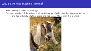 Why do we need machine learning?
Task: Identify a rabbit in an image
Proposed solution: If the animal is within this range of colors and has long ears and fur
and has a slightly elliptical shape and has a nose like... then it is a rabbit
 