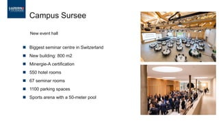 ◼ Biggest seminar centre in Switzerland
◼ New building: 800 m2
◼ Minergie-A certification
◼ 550 hotel rooms
◼ 67 seminar rooms
◼ 1100 parking spaces
◼ Sports arena with a 50-meter pool
Campus Sursee
New event hall
 