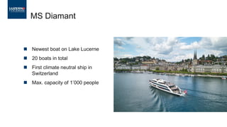 ◼ Newest boat on Lake Lucerne
◼ 20 boats in total
◼ First climate neutral ship in
Switzerland
◼ Max. capacity of 1’000 people
MS Diamant
 