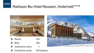 ◼ Rooms 244
◼ Beds 280
◼ Conference rooms 7
◼ Conference centre 700 (theatre)
Radisson Blu Hotel Reussen, Andermatt****S
 