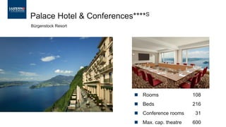 ◼ Rooms 108
◼ Beds 216
◼ Conference rooms 31
◼ Max. cap. theatre 600
Palace Hotel & Conferences****S
Bürgenstock Resort
 