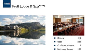 ◼ Rooms 114
◼ Beds 228
◼ Conference rooms 5
◼ Max. cap. theatre 100
Frutt Lodge & Spa****S
 