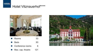 ◼ Rooms 53
◼ Beds 93
◼ Conference rooms 8
◼ Max. cap. theatre 121
Hotel Vitznauerhof****
 