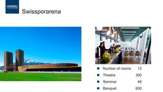 ◼ Number of rooms 12
◼ Theatre 300
◼ Seminar 48
◼ Banquet 600
Swissporarena
 