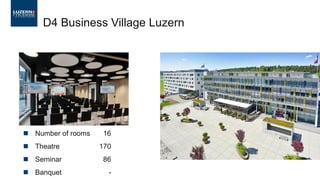 ◼ Number of rooms 16
◼ Theatre 170
◼ Seminar 86
◼ Banquet -
D4 Business Village Luzern
 