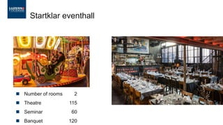 ◼ Number of rooms 2
◼ Theatre 115
◼ Seminar 60
◼ Banquet 120
Startklar eventhall
 