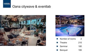 ◼ Number of rooms 2
◼ Theatre 210
◼ Seminar 180
◼ Banquet 180
Oana citywave & eventlab
 