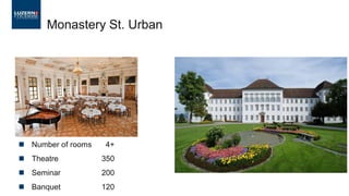 Monastery St. Urban
◼ Number of rooms 4+
◼ Theatre 350
◼ Seminar 200
◼ Banquet 120
 