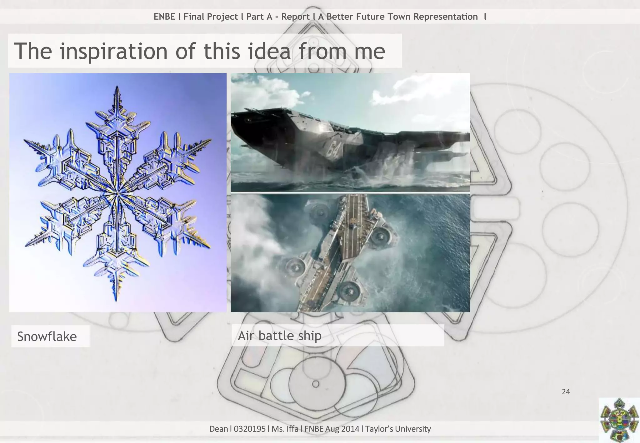 Dean l 0320195 l Ms. Iffa l FNBE Aug 2014 l Taylor’s University
24
ENBE l Final Project l Part A - Report l A Better Future Town Representation l
The inspiration of this idea from me
Snowflake Air battle ship
 