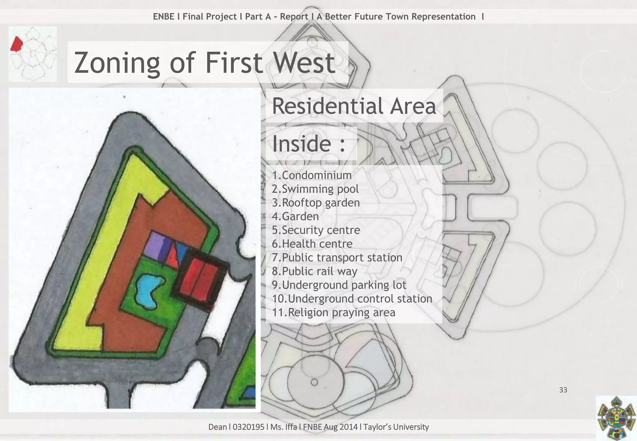 Dean l 0320195 l Ms. Iffa l FNBE Aug 2014 l Taylor’s University
33
ENBE l Final Project l Part A - Report l A Better Future Town Representation l
Zoning of First West
Residential Area
Inside :
1.Condominium
2.Swimming pool
3.Rooftop garden
4.Garden
5.Security centre
6.Health centre
7.Public transport station
8.Public rail way
9.Underground parking lot
10.Underground control station
11.Religion praying area
 