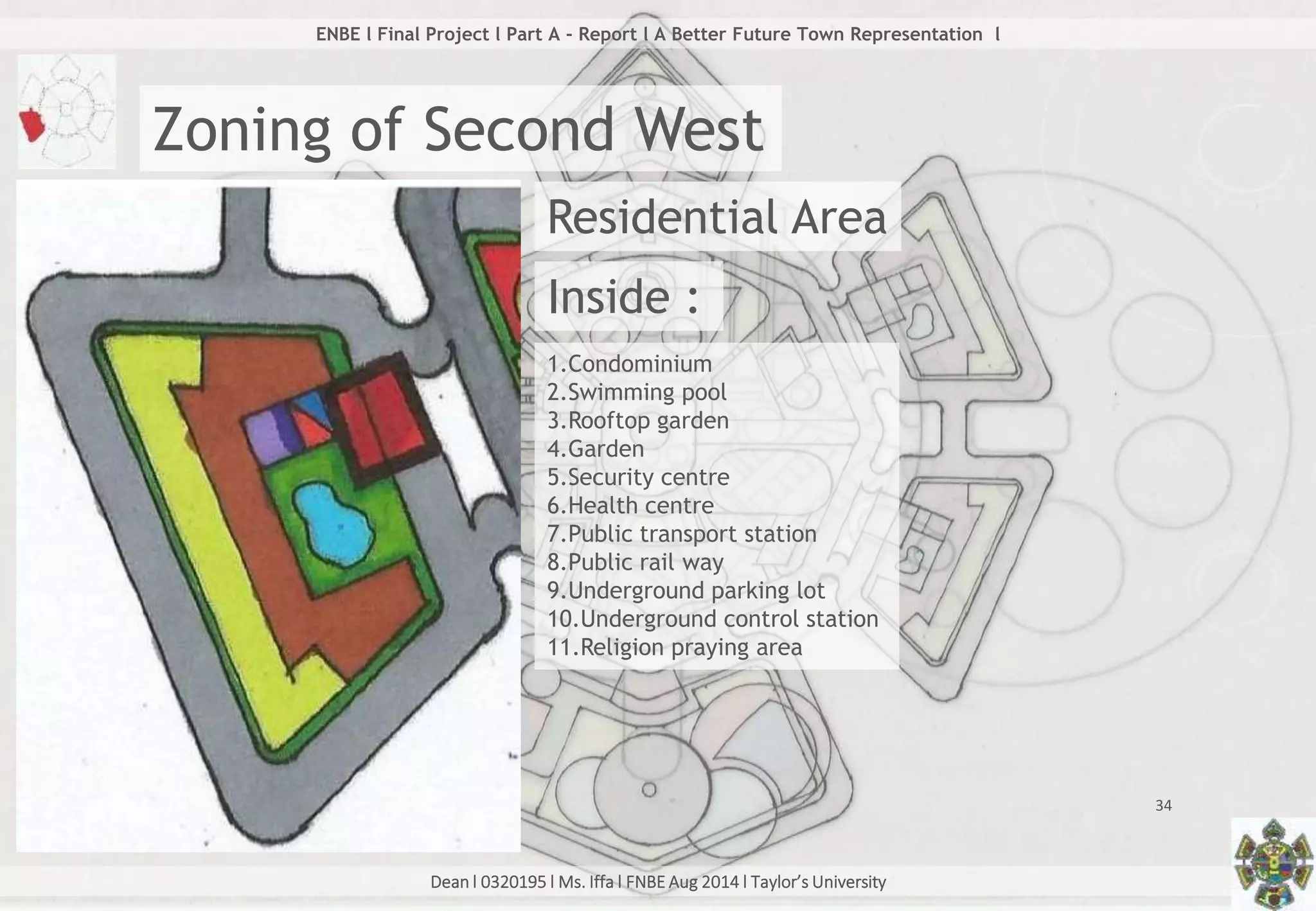 Dean l 0320195 l Ms. Iffa l FNBE Aug 2014 l Taylor’s University
34
ENBE l Final Project l Part A - Report l A Better Future Town Representation l
Zoning of Second West
Residential Area
Inside :
1.Condominium
2.Swimming pool
3.Rooftop garden
4.Garden
5.Security centre
6.Health centre
7.Public transport station
8.Public rail way
9.Underground parking lot
10.Underground control station
11.Religion praying area
 
