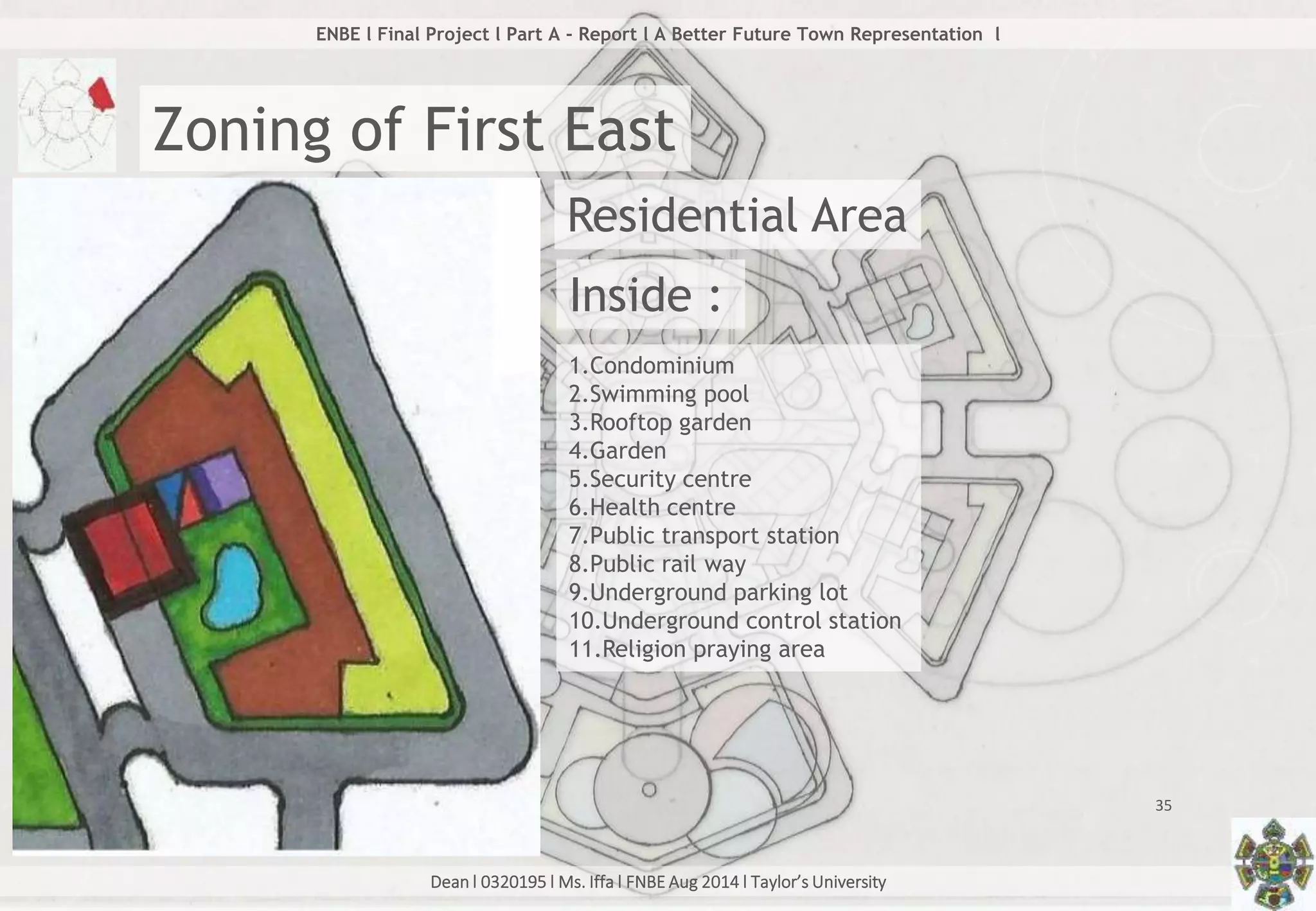 Dean l 0320195 l Ms. Iffa l FNBE Aug 2014 l Taylor’s University
35
ENBE l Final Project l Part A - Report l A Better Future Town Representation l
Zoning of First East
Residential Area
Inside :
1.Condominium
2.Swimming pool
3.Rooftop garden
4.Garden
5.Security centre
6.Health centre
7.Public transport station
8.Public rail way
9.Underground parking lot
10.Underground control station
11.Religion praying area
 