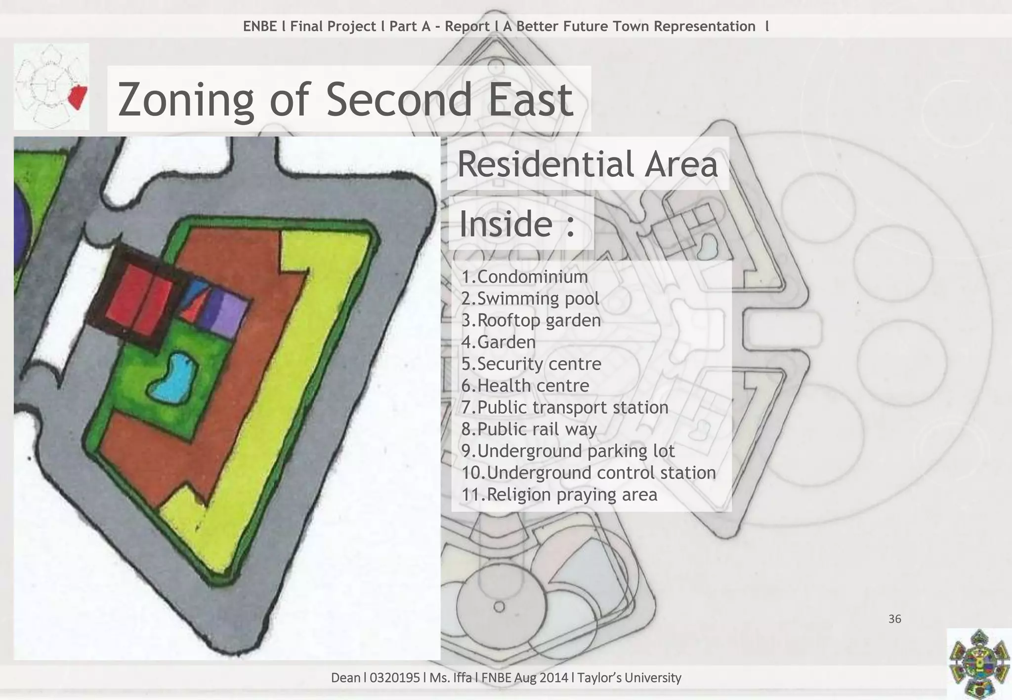 Dean l 0320195 l Ms. Iffa l FNBE Aug 2014 l Taylor’s University
36
ENBE l Final Project l Part A - Report l A Better Future Town Representation l
Zoning of Second East
Residential Area
Inside :
1.Condominium
2.Swimming pool
3.Rooftop garden
4.Garden
5.Security centre
6.Health centre
7.Public transport station
8.Public rail way
9.Underground parking lot
10.Underground control station
11.Religion praying area
 