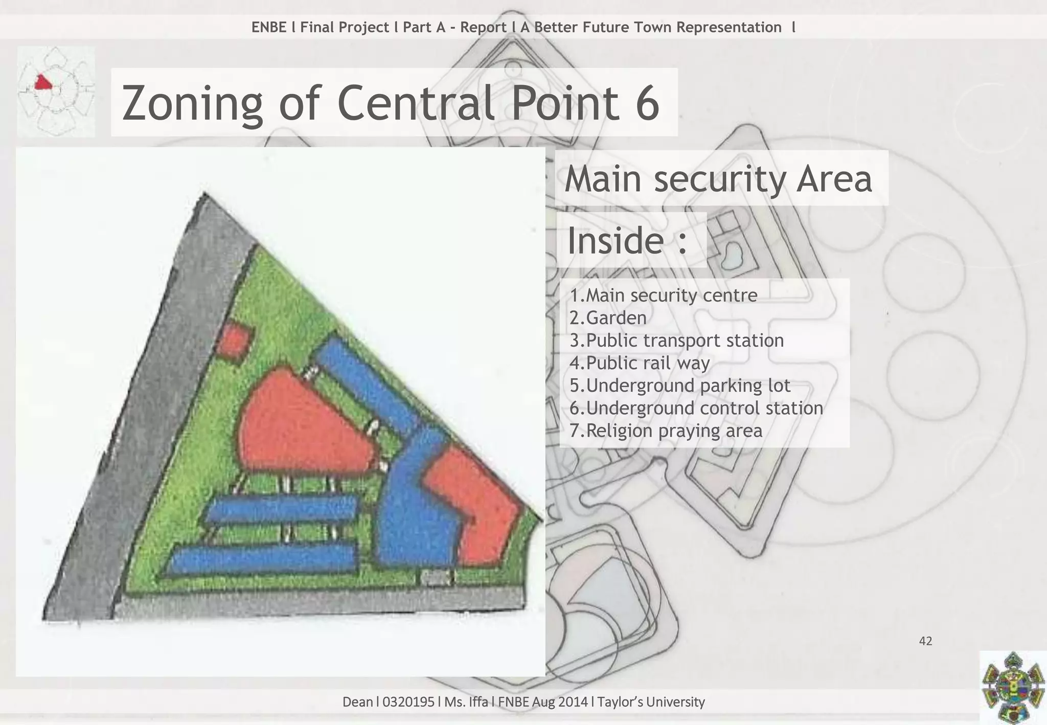 Dean l 0320195 l Ms. Iffa l FNBE Aug 2014 l Taylor’s University
42
ENBE l Final Project l Part A - Report l A Better Future Town Representation l
Zoning of Central Point 6
Main security Area
Inside :
1.Main security centre
2.Garden
3.Public transport station
4.Public rail way
5.Underground parking lot
6.Underground control station
7.Religion praying area
 