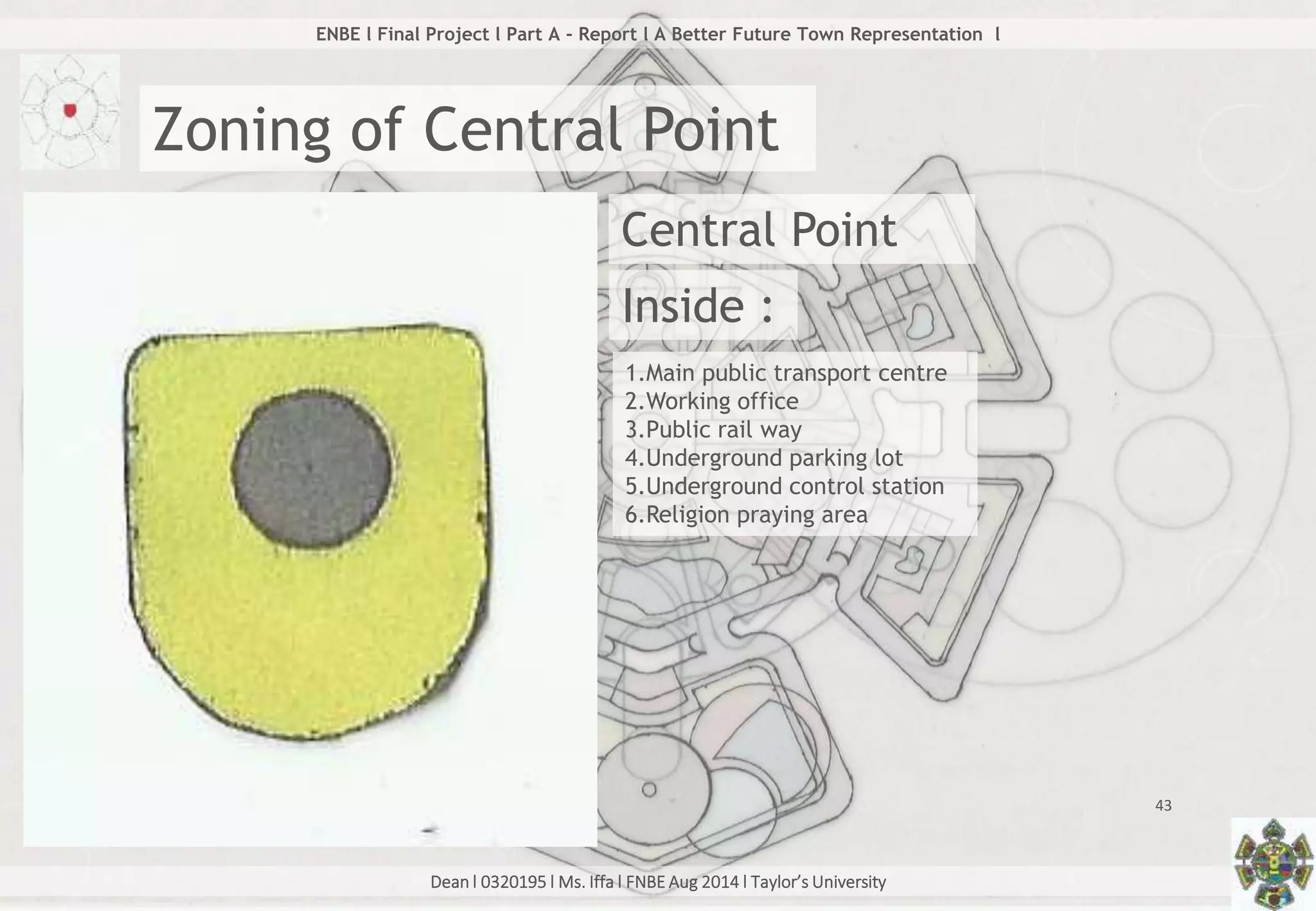 Dean l 0320195 l Ms. Iffa l FNBE Aug 2014 l Taylor’s University
43
ENBE l Final Project l Part A - Report l A Better Future Town Representation l
Zoning of Central Point
Central Point
Inside :
1.Main public transport centre
2.Working office
3.Public rail way
4.Underground parking lot
5.Underground control station
6.Religion praying area
 