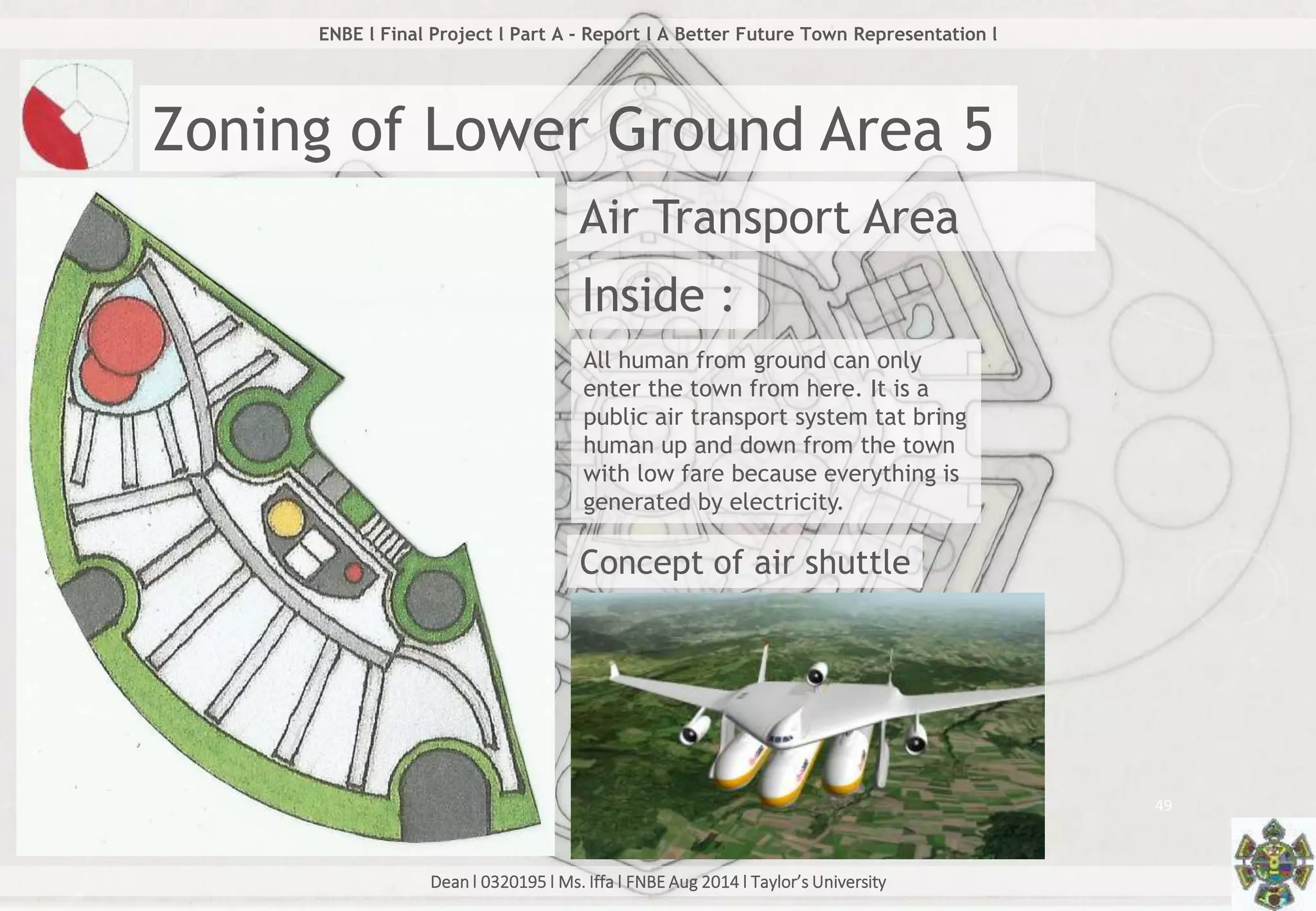 Dean l 0320195 l Ms. Iffa l FNBE Aug 2014 l Taylor’s University
49
ENBE l Final Project l Part A - Report l A Better Future Town Representation l
Zoning of Lower Ground Area 5
Air Transport Area
Inside :
All human from ground can only
enter the town from here. It is a
public air transport system tat bring
human up and down from the town
with low fare because everything is
generated by electricity.
Concept of air shuttle
 
