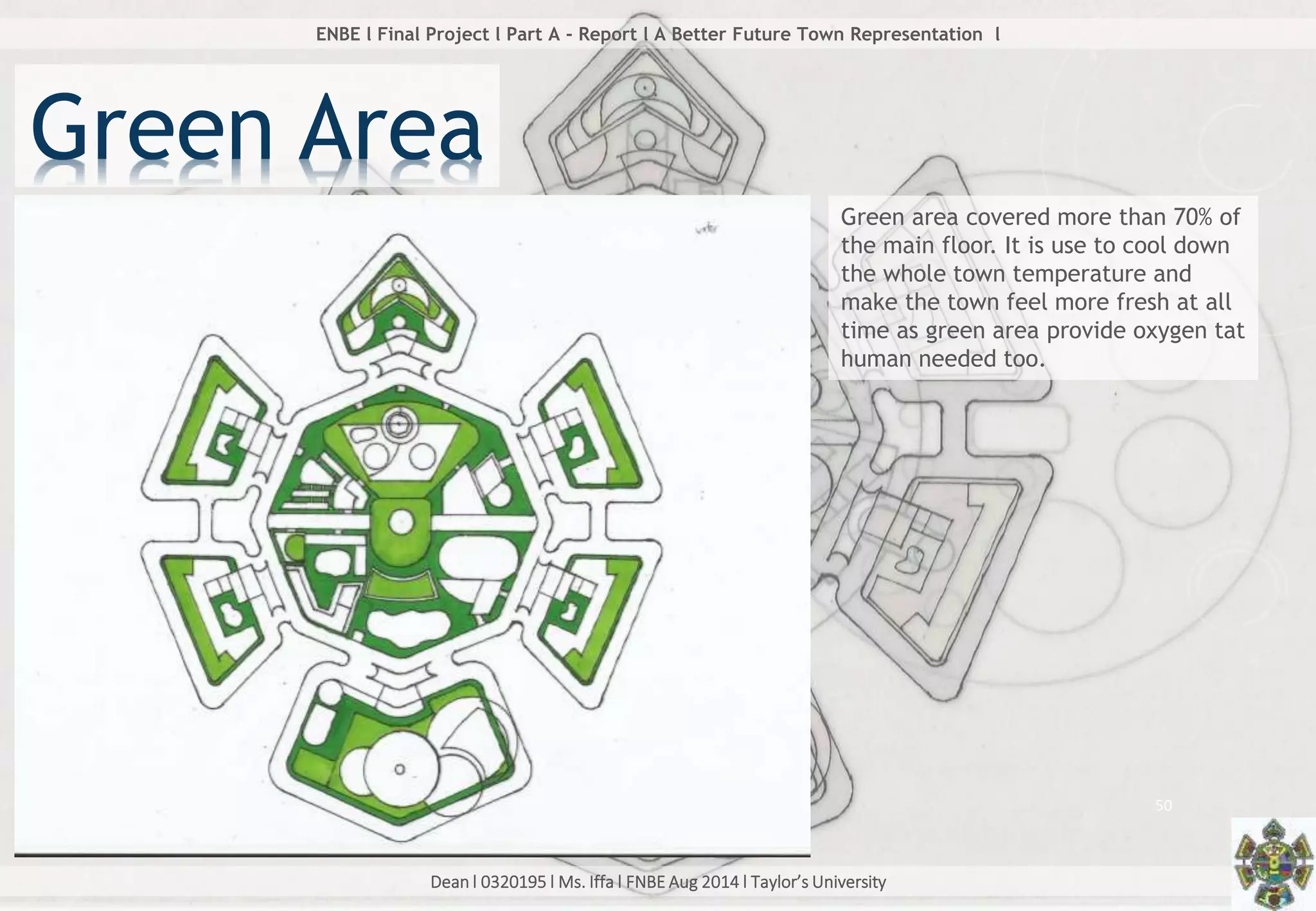 Dean l 0320195 l Ms. Iffa l FNBE Aug 2014 l Taylor’s University
50
ENBE l Final Project l Part A - Report l A Better Future Town Representation l
Green Area
Green area covered more than 70% of
the main floor. It is use to cool down
the whole town temperature and
make the town feel more fresh at all
time as green area provide oxygen tat
human needed too.
 