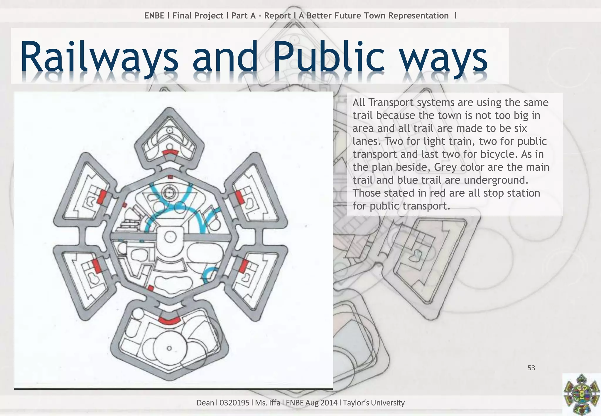 Dean l 0320195 l Ms. Iffa l FNBE Aug 2014 l Taylor’s University
53
ENBE l Final Project l Part A - Report l A Better Future Town Representation l
Railways and Public ways
All Transport systems are using the same
trail because the town is not too big in
area and all trail are made to be six
lanes. Two for light train, two for public
transport and last two for bicycle. As in
the plan beside, Grey color are the main
trail and blue trail are underground.
Those stated in red are all stop station
for public transport.
 