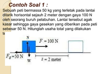 Contoh Soal 1 : 
Sebuah peti bermassa 50 kg yang terletak pada lantai 
ditarik horisontal sejauh 2 meter dengan gaya 100 N 
oleh seorang buruh pelabuhan. Lantai tersebut agak 
kasar sehingga gaya gesekan yang diberikan pada peti 
sebesar 50 N. Hitunglah usaha total yang dilakukan 
terhadap peti tersebut ! 
 